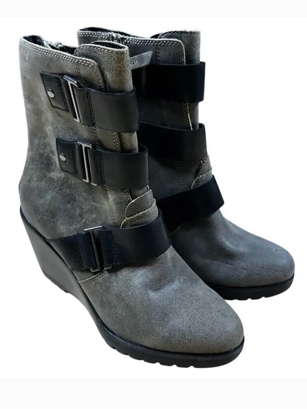 Sorel Gray Leather Wedge Ankle Boots with Black Buckle Straps